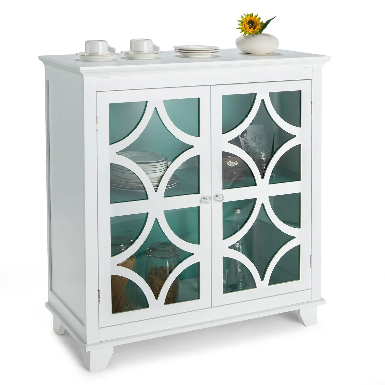 Costway Kitchen Storage Cabinet Buffet Sideboard w/ Glass Doors & Adjustable Shelf Green