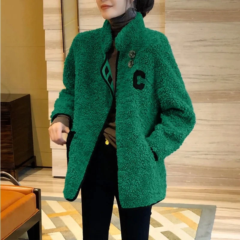 Fashion Women\'s Jackets Spring Autumn New Green Letter Imitation Lamb Wool Jacket Loose Thickening Casual Female Outerwear Top