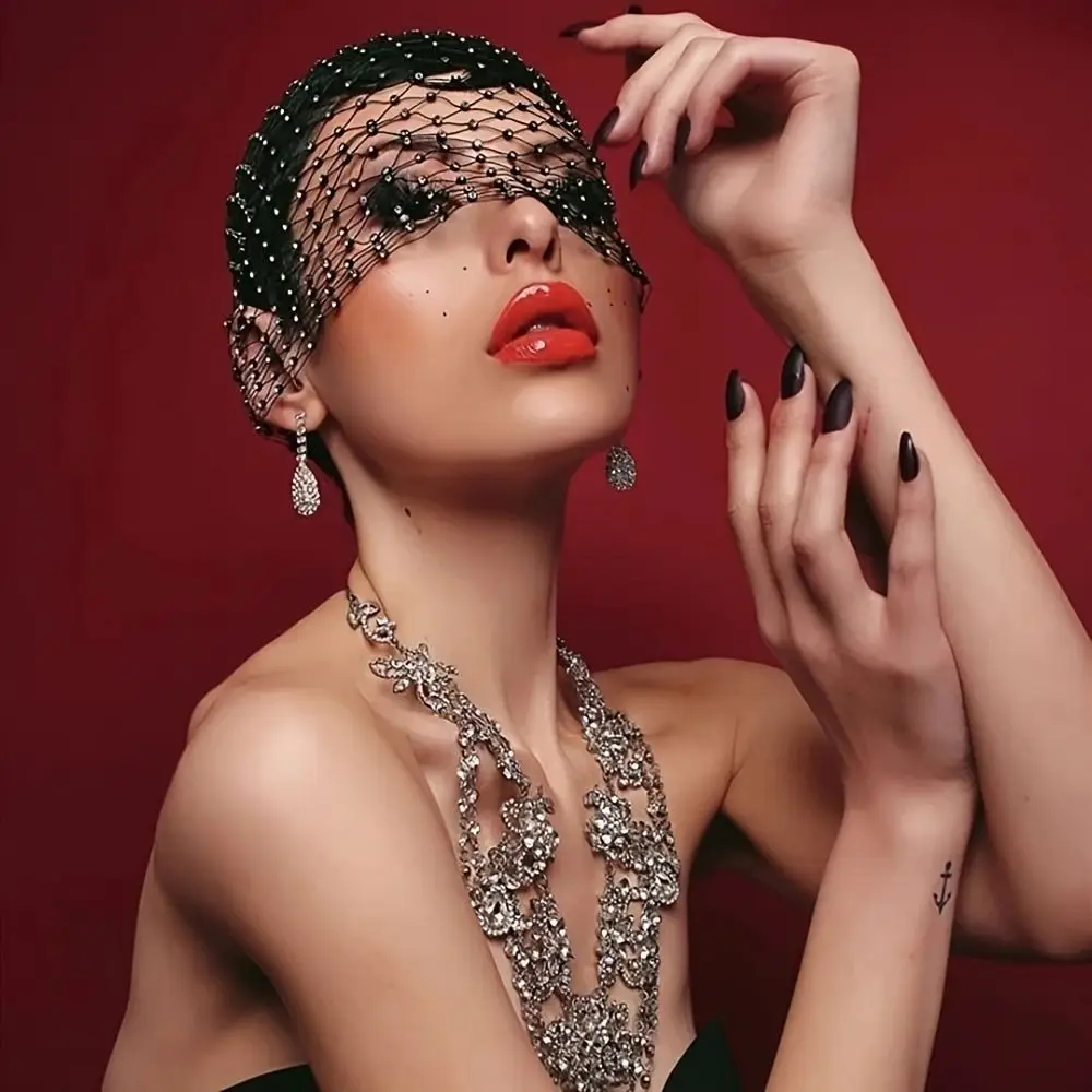 European American Style Fishing Net Headcover Elastic Adjustable Beanies Hollow Out Sparkling Bridal Headwear Wedding Ceremony