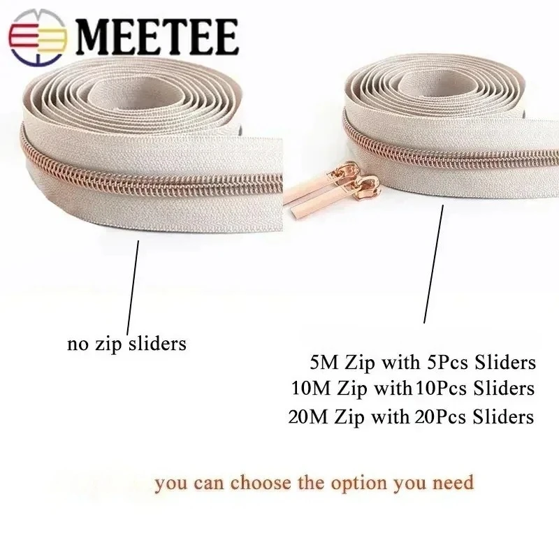 5/10/20M Meetee 5# RoseGold Zipper Tape with Sliders Nylon Zippers for Sewing Bag Garment Decor Zip Repair Kit DIY Accessories