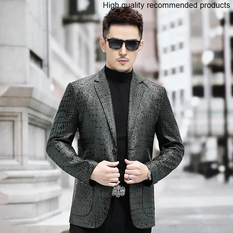 crocodile Spring high-end and autumn leather dark green jacket suit color matching business casual jacket suit jacket