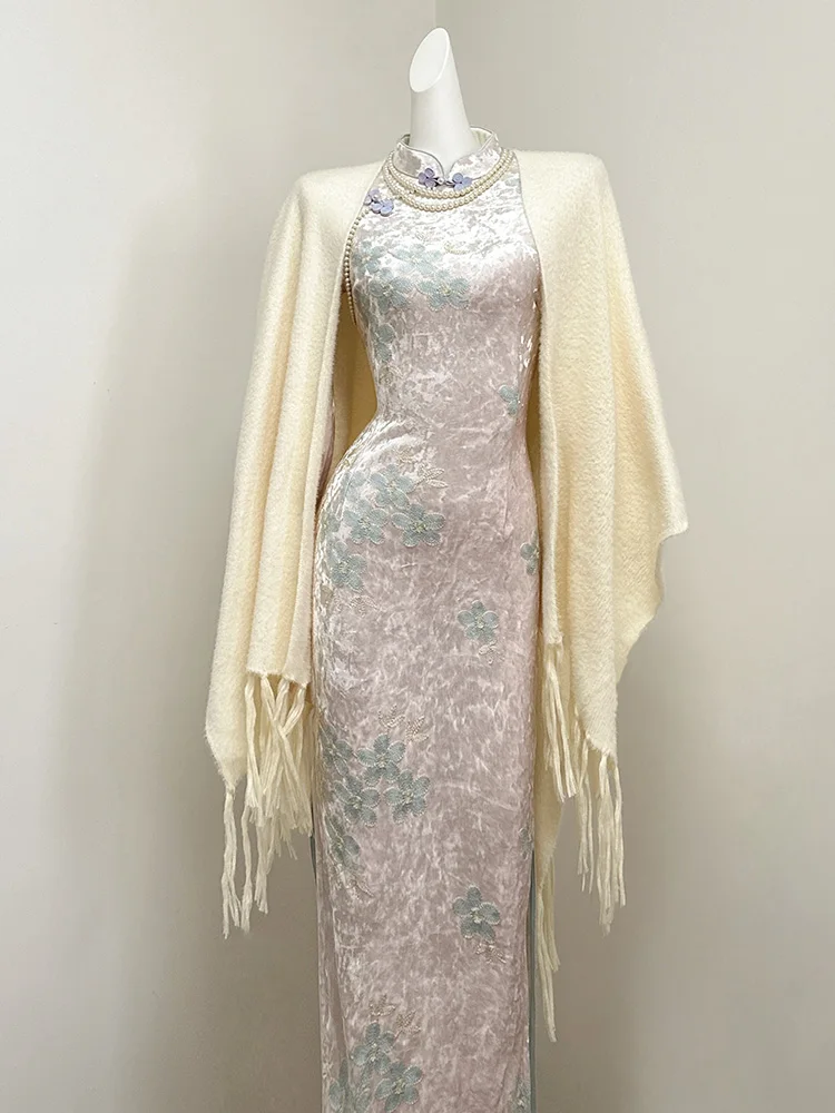 

Pastel Pink Velvet Qipao Women's Ele Long Dr Warm Fce Wrap Waist Office Appropriate Winter New Sle Floral Pattern