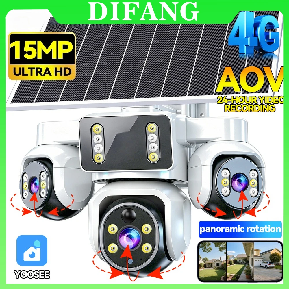Yoosee 15MP 4G AOV Solar Camera Three Screens Outdoor Security CCTV 4G Sim Card Solar Surveillance Cam
