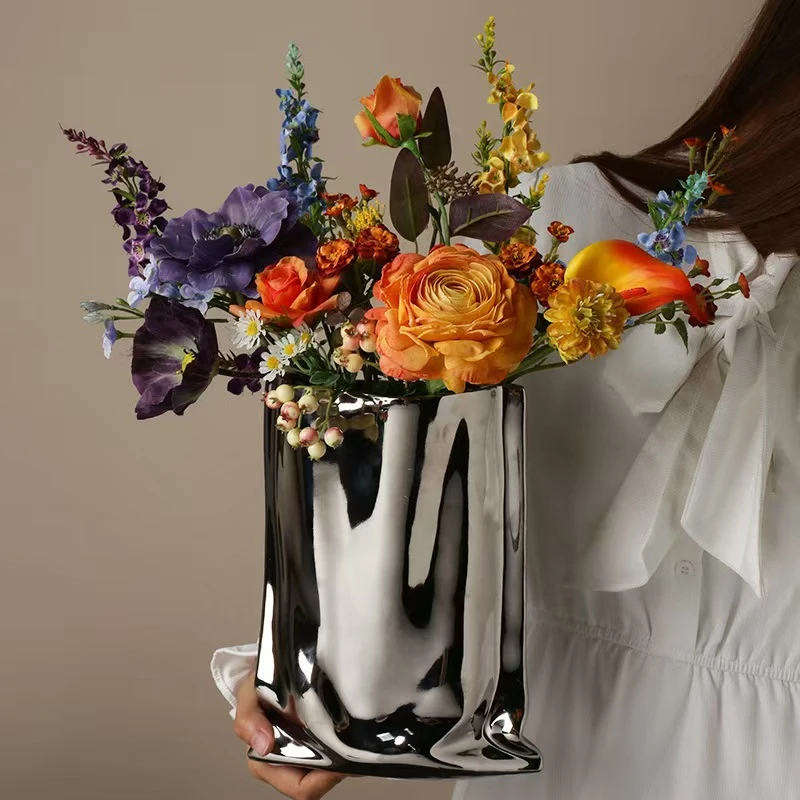Nordic creative pleated ceramic vase, silver glossy textured flower ware, modern home interior decoration ornament