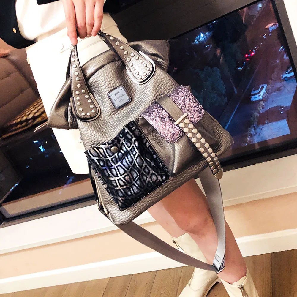 Women Fashion Genuine Leather Large Capacity Handbags 2022 New Oversized Rivet Work Silver Shoulder Bags Woman Luxury Brand Tote