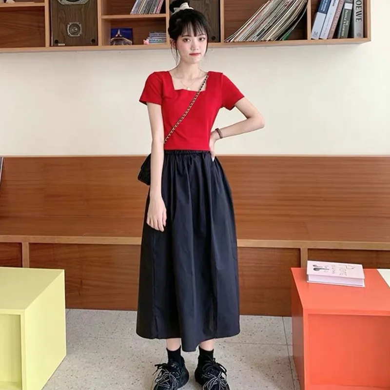 

Korean Elegant Solid cotton Skirt 5XL 6XL Plus size Spring Ladies streetwear Red Black High Waist School Skirt Summer skirts