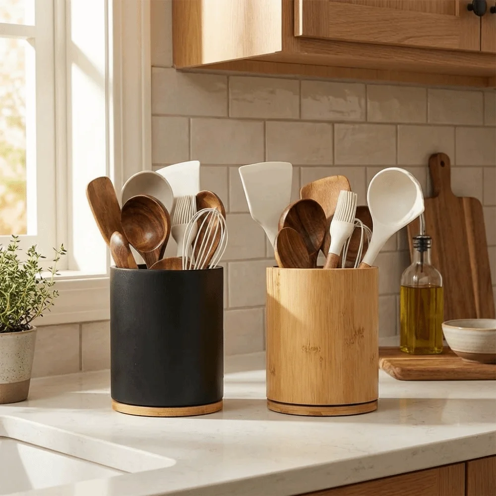 

Wooden Kitchen Utensil Holder 360° Rotating Large Capacity Cylindrical Cutlery Holder Farmhouse Style Chopstick Cage