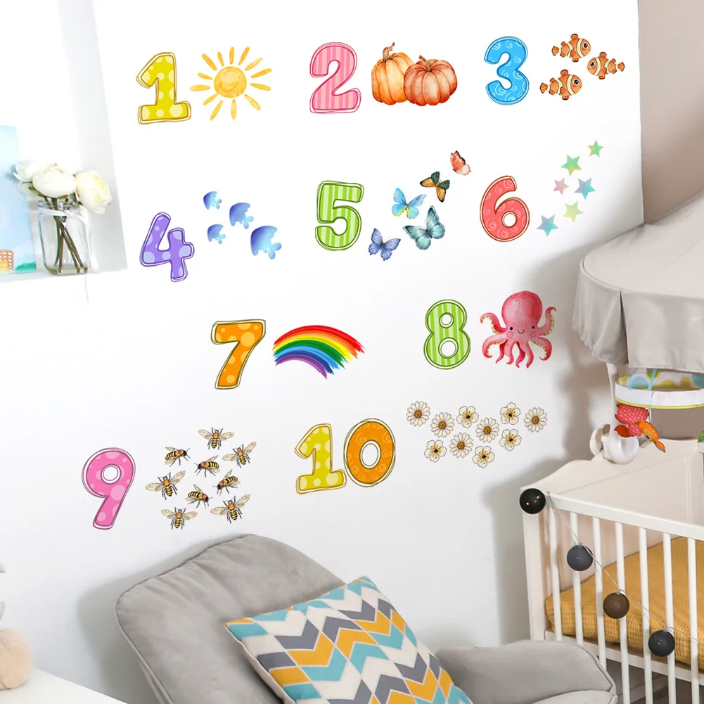 Cartoon Digital Animals Wall Sticker Baby Kids Puzzle Room Decor Wallpaper Bedroom Home Decoration Nursery Self-adhesive Decals