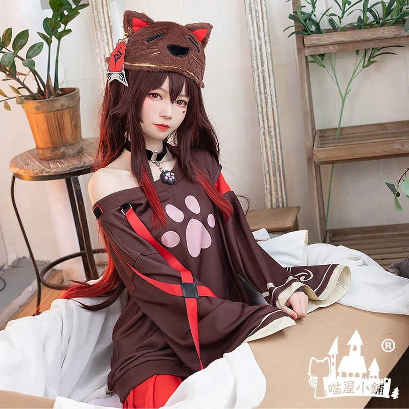 

COWOWO Anime! Genshin Impact Hu Tao Game Suit Black Cat Housecoat Lovely Uniform Cosplay Costume Halloween Party Outfit Women