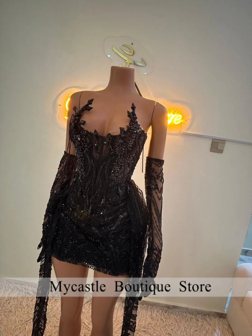 ชุดราตรีสีดำเงาใหม่สำหรับสาวๆ ปี 2026 พร้อมถุงมือ ประดับลูกปัดหรูหรา ชุดมินิเดรสสำหรับงานวันเกิด ชุดราตรีสำหรับผู้หญิง สามารถสั่งตัดได้