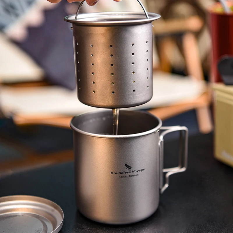 

Титановая кружка для чая Boundless Voyage с крышкой-ситечком и складной ручкой для путешествий, кемпинга и активного отдыха