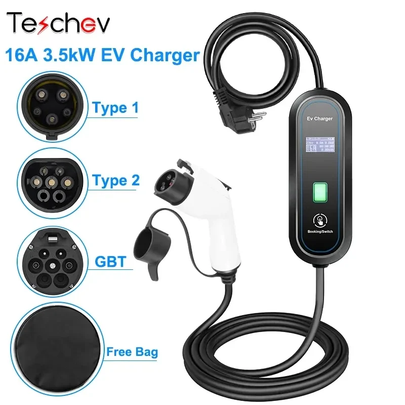 Teschev-Chargeur EV Type 2 pour véhicules électriques, câble de charge de voiture, prise GBT, J1772, boîtier mural de type 1, 16A, 3,5 kW, 220V, 230V, niveau 2