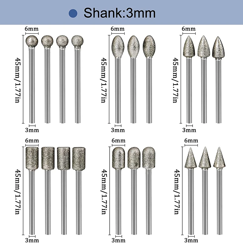 20Pcs Stone Carving Set Diamond Burr Bits 1/8 Inch Shank Polishing Kits Rotary Tools Accessories For Carving Engraving Grinding