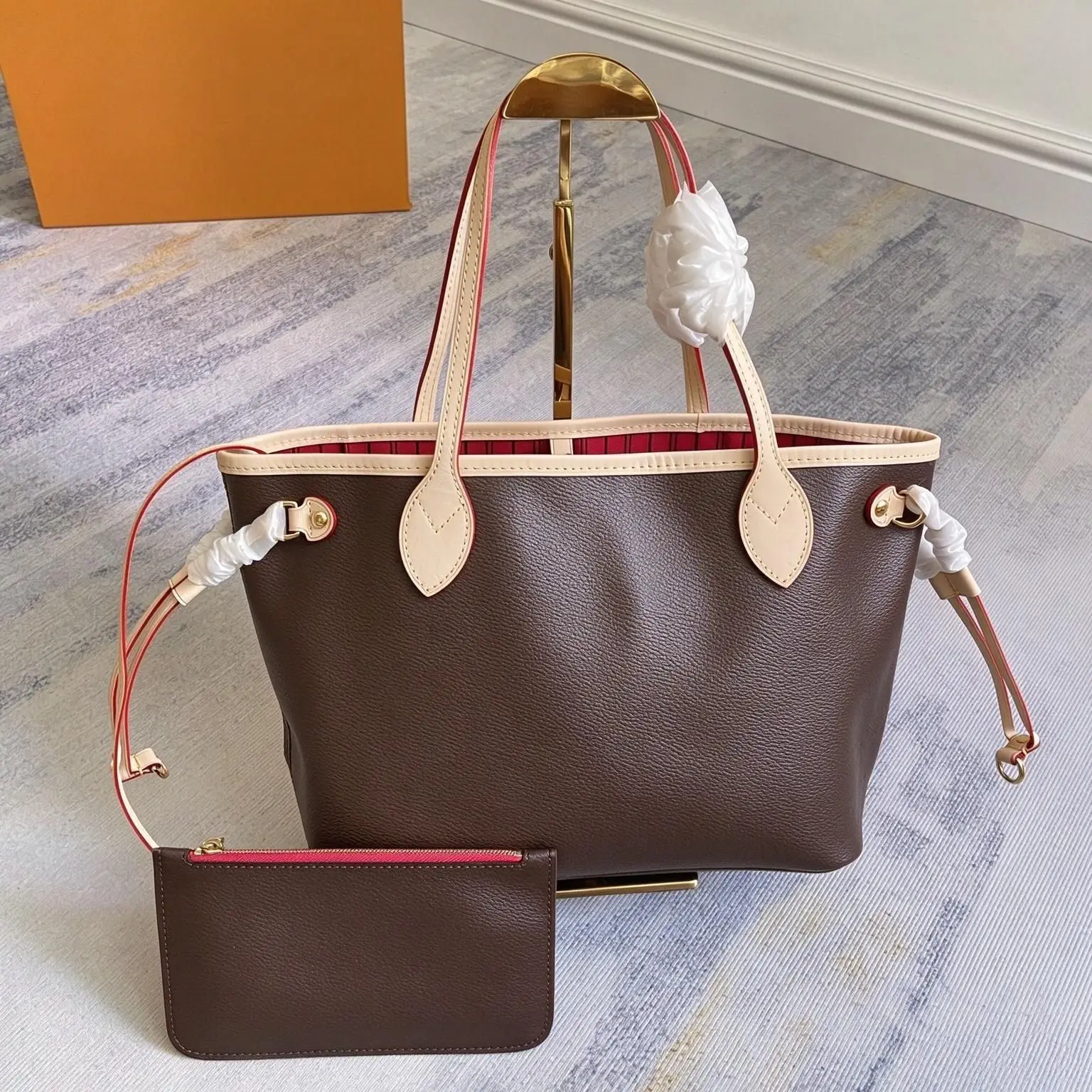 Vintage Ladies Open Top Tote Bag Textured PU Leather Double Handles Removable Mini Purse Casual Shopping Shoulder Bag