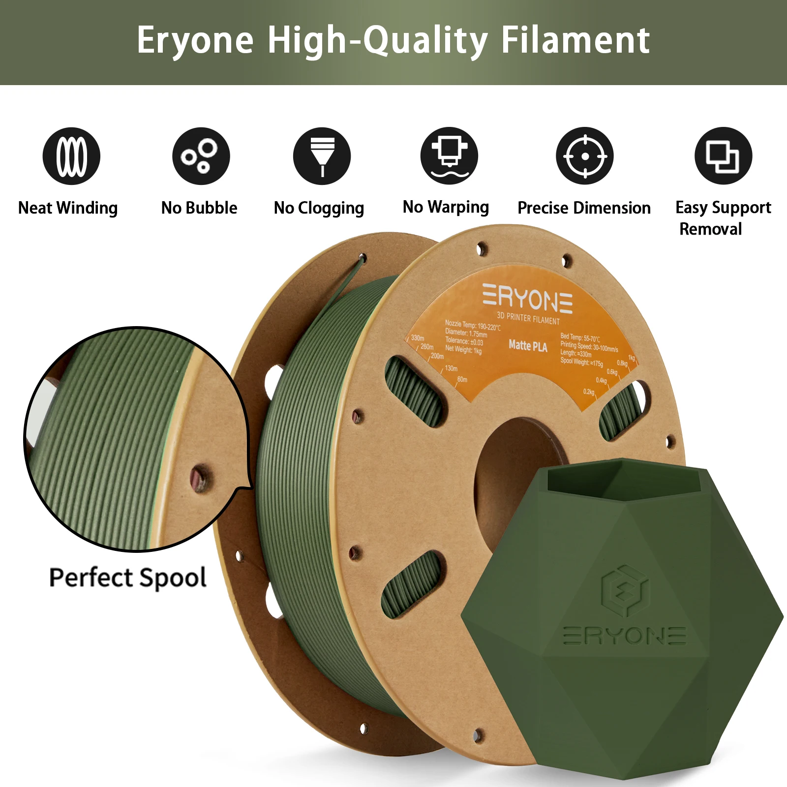 ERYONE Promotion Matte PLA Filament 1KG (2.2LBS) 1.75mm 1.45 Density (g/cm3) Per Spool Matte Filament For 3D Printer New Arrival