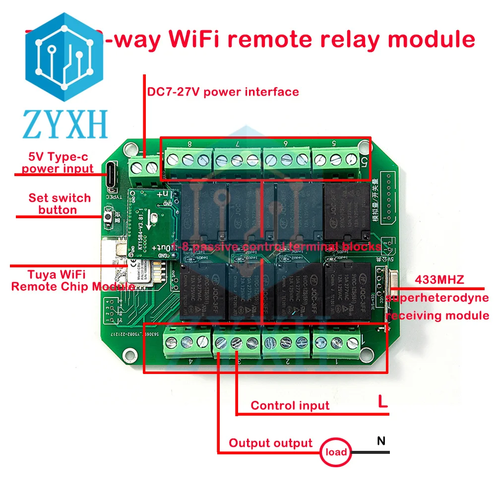 투야 무선 스위치 모듈, DC 7-27V, 8 채널 와이파이 지그비 릴레이 모듈, 원격 제어, 433MHz, DIY 스마트 홈 자동화