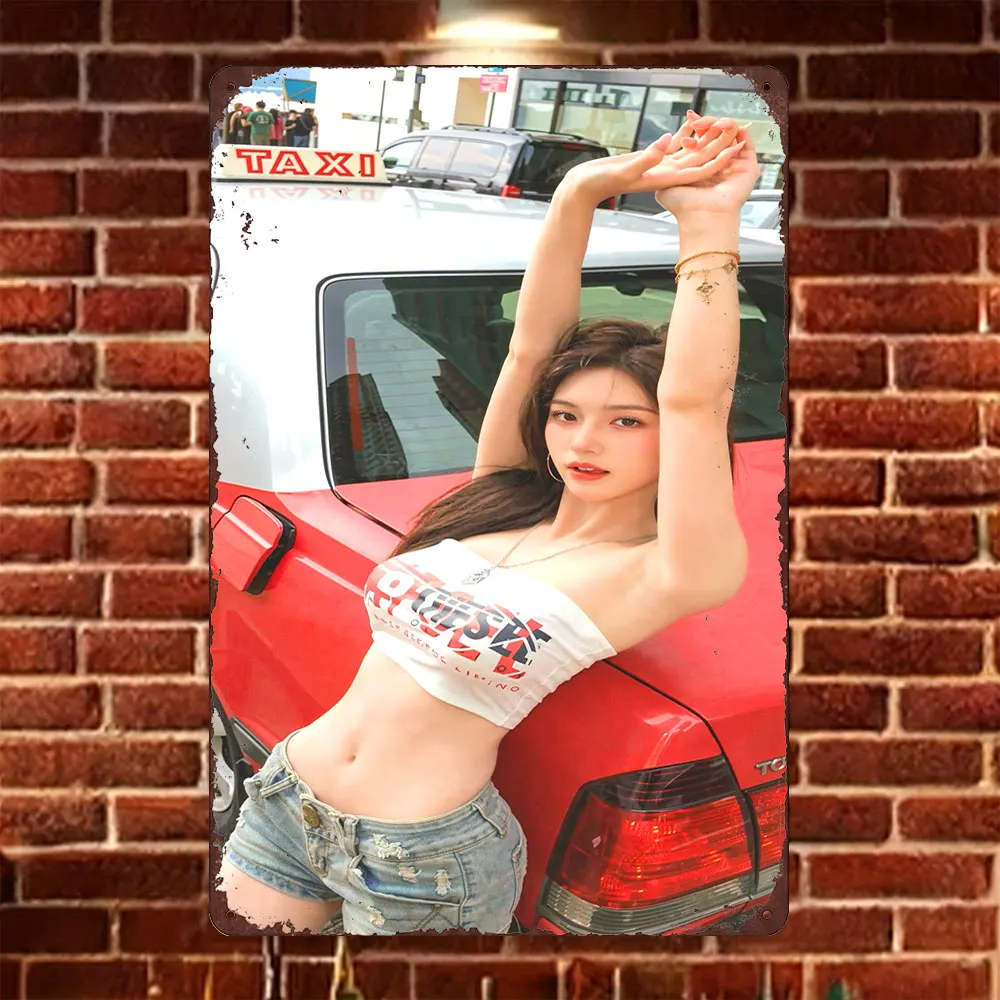 Retro Asian Babe in Tube Top by Red Taxi Metal Tin Wall Sign