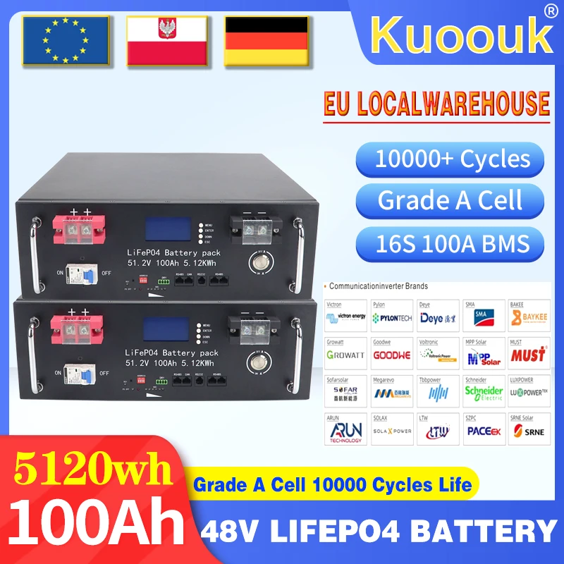 Kuoouk Batteria LiFePO4 48V 100Ah 5.12kWh, Batteria al Litio 51.2V, 9000 Cicli, Accumulo Energia Solare 48V, RS485 CAN, Stock UE