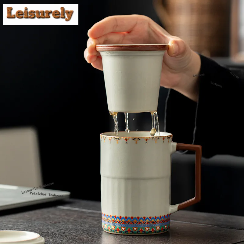 420ml Dunhuang Ru Kiln Filter Tea Separator Cup Retro Beer Cup Tea Mug With Infuser Household Tea Maker Office Water Cup Gifts