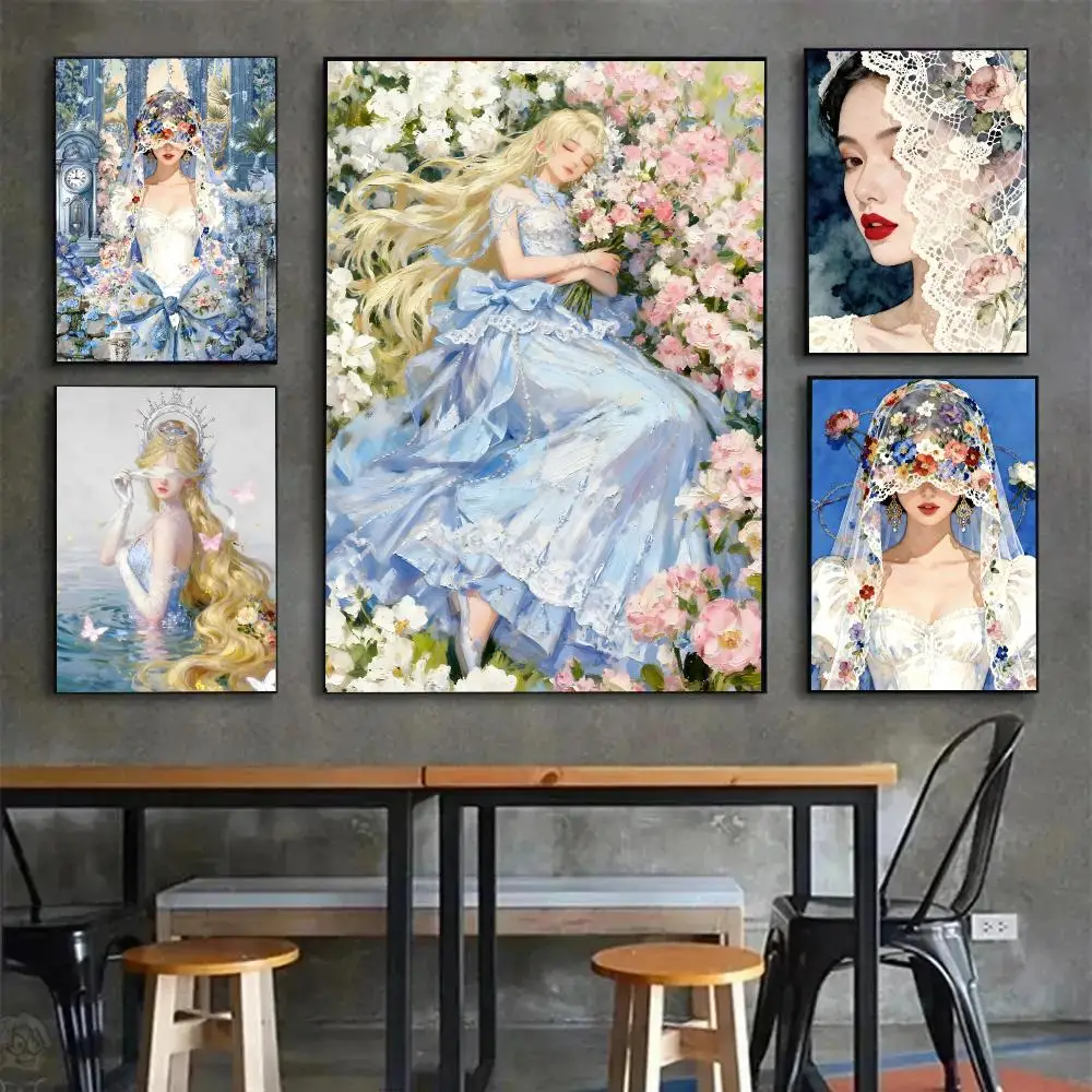 Gentle Art W-Woman with Flowers Poster Painting Wall Art Mural for Living Room Home Decor and Gifts