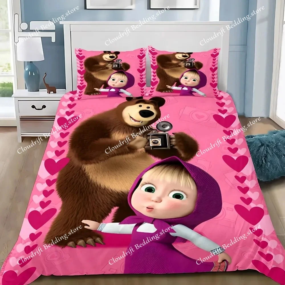 

Exquisite 3D Cartoon B-Bear Wallpaper M-Masha Girl Digital Printing Bedding Set Duvet Cover Comforter Bed Youth Kids Girls Gift