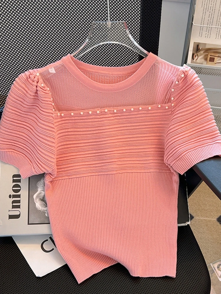 2023 Summer Knitted Sweater Women Nailed Beads Slim Ice Silk Solid Color O-Neck Bubble Short Sleeve Pullover Knitwear Thin Tops