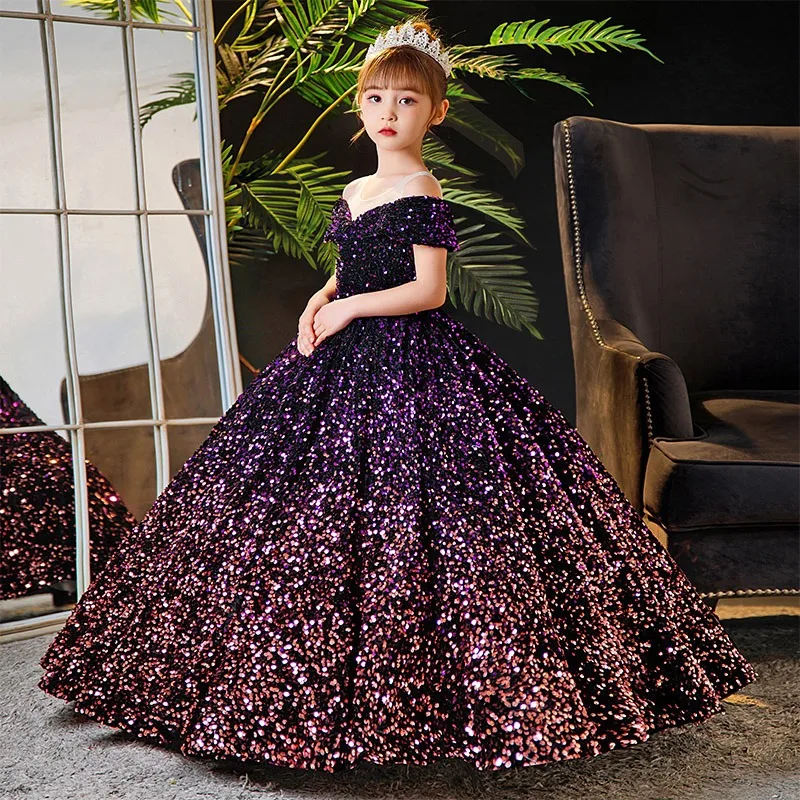 Little Girl Deep Purple Dresses Party and Wedding Summer 2023 Kids Birthday Evening Long Dress Sequin Luxury Gowns Child Costume