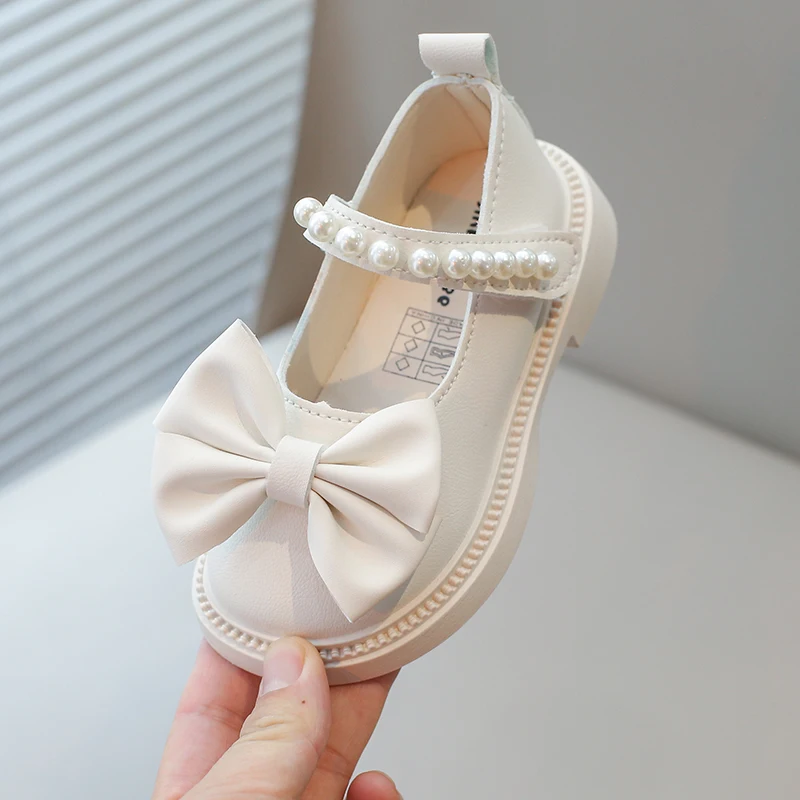 New Children\'s Leather Shoes Fashion Girls Party Shoes Sweet Bowtie Kids Princess Causal Pearl Ballet Performance Dress Shoes