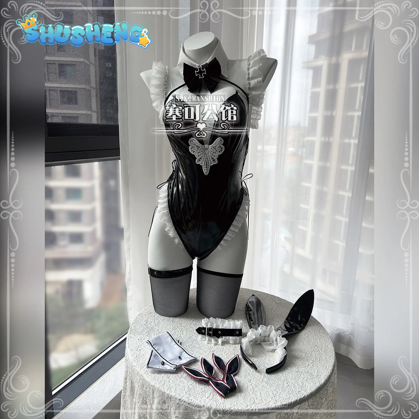 Prinz Eugen Azur Lane KMS Prinz Eugen Cosplay Costume Black sexy leather jumpsuit headwear socks Halloween party bunny girl suit view 4