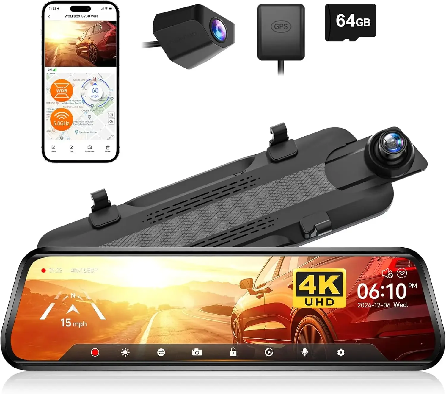

G930 10'' Rear View Mirror Camera with 5.8GHz WiFi, 4K Dash Cam Front and Rear with WDR, Touch Screen Rearview Mirror Backup Cam