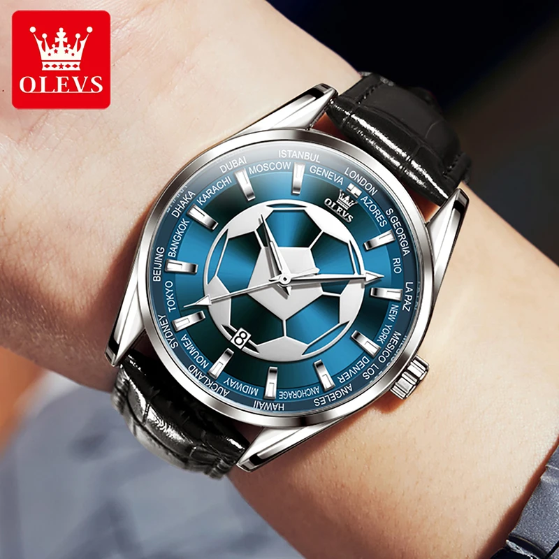 

OLEVS Men Watch Luxury Brand Football Watch Leather 30M Waterproof Clock Quartz Luminous Hands Simple Calendar Reloj Hombre 9949