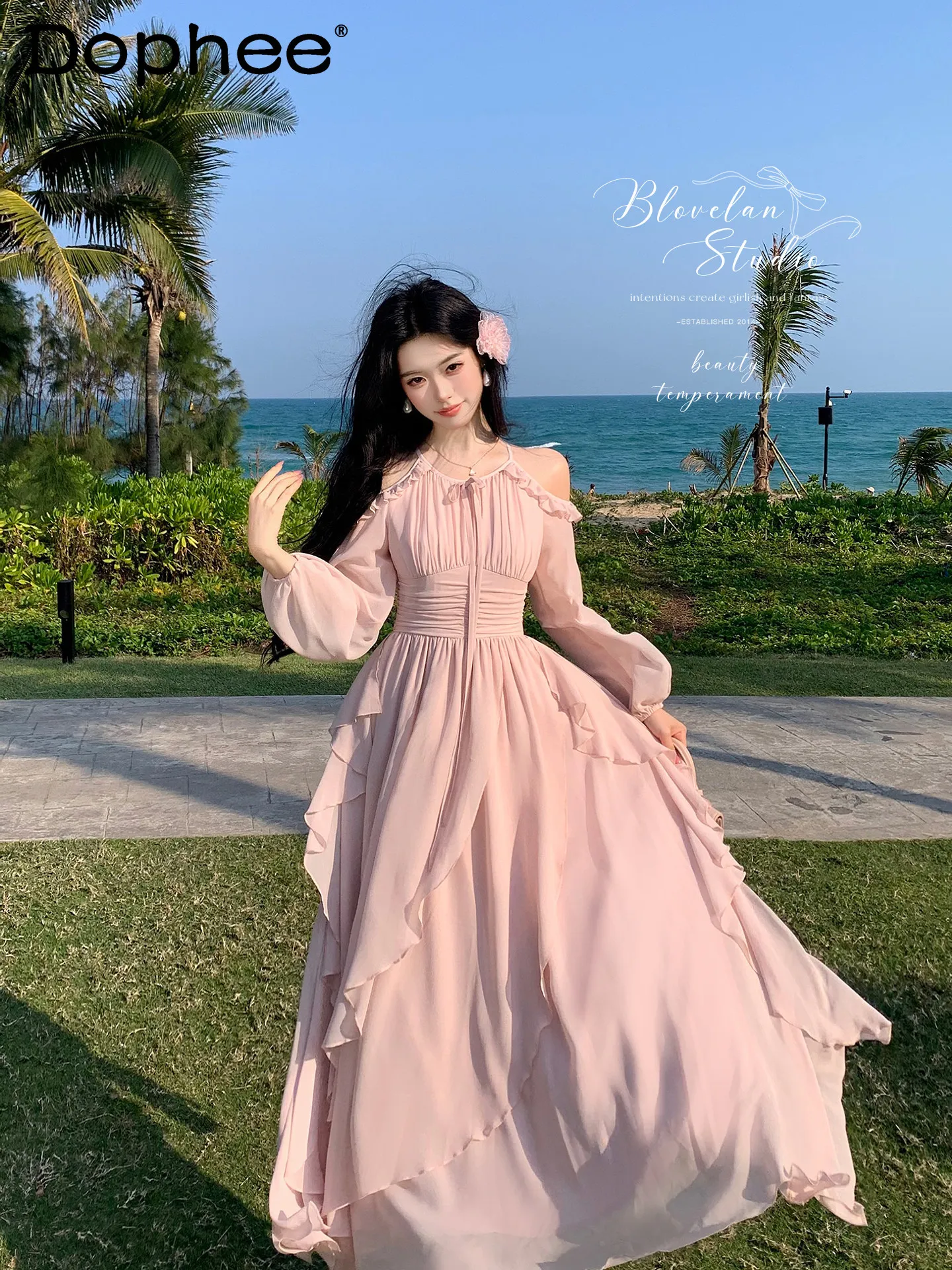

Spring/summer New Sweet Temperament Heavy Industry Multi-layer Neck Off The Shoulder Dress Elegant Holiday Women's Long Dress