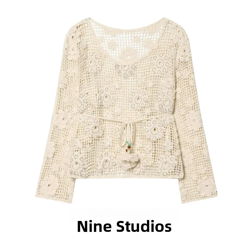 

NINE ZAR Women's Long Sleeve Knitted Cardigan Casual Hollow out Belted Diamond Embellished Open Front Loose Fit Summer Top