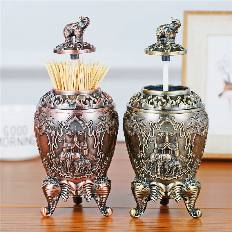 

Alloy retro elephant toothpick storage rack box European automatic toothpick holder home desktop decoration decoration