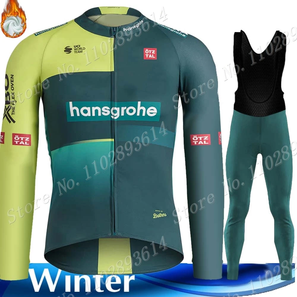 Winter Boraful Hansgrohe 2024 Team Cycling Jersey Set Long Sleeve Thermal Fleece Clothing Road Race Bike Jacket Suit MTB Ropa