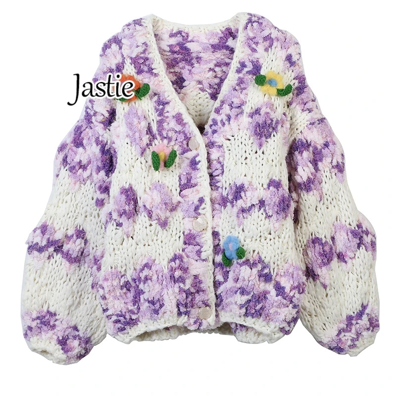 Jastie2024 Autumn Winter Women Sweater Cardigan V-neck Long Sleeve Contrast Color Hand-hook Flower Loose Thick Knitted Cardigan