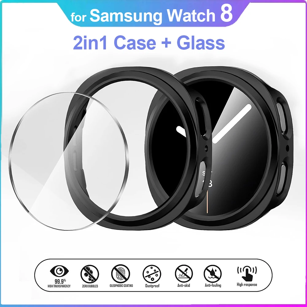 

2-in-1 Protector Case + Screen Protector for Samsung Galaxy Watch 8 40mm 44mm Hard PC Frame Protective Cover Tempered Glass Film