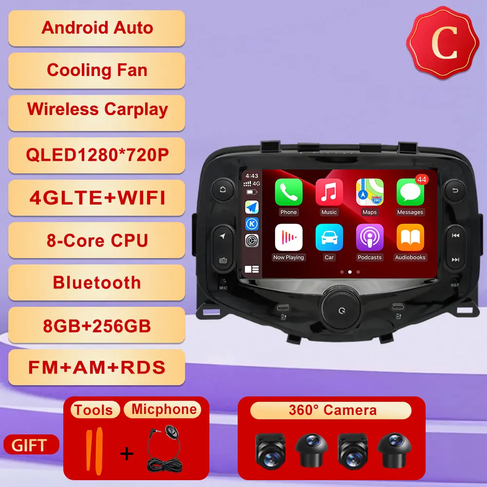 Android 15 Voor Toyota Aygo Peugeot 108 Citroen C1 2014-2021 Autoradio Multimedia Gps-navigatie Carplay Auto speler Bluetooth