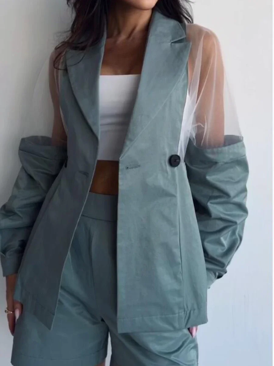 

Autumn Long Sleeve Streetwear Suit Mujer Women Fashion Turn-down Collar Button Outfit Spring Solid Spliced Mesh Top & Shorts Set