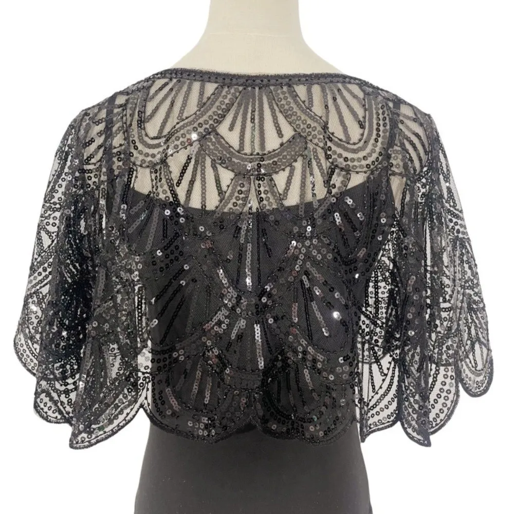 معطف معطف مزين بالترتر المكشكش المتلألئ شبكي مزين بالترتر شالات مجوفة 1920s موضوع كيب قصير شيونغسام