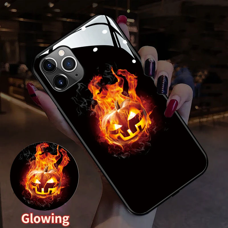 

Halloween Luminous Flash LED Glass Phone Case For Samsung S24 S22 S23 Note 20 10 A73 A54 Plus Ultra Light Up Cover Funda Coque