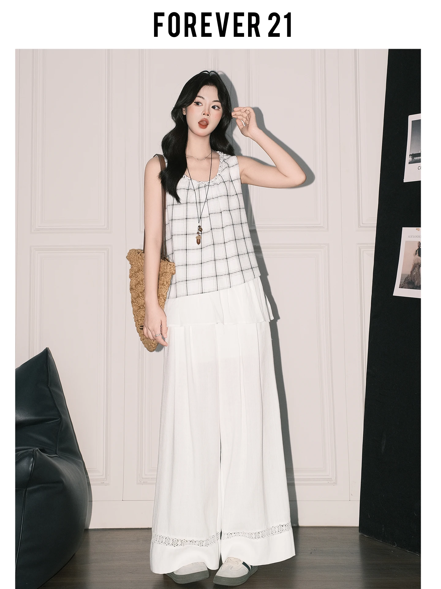 Pantalones Casuales de Pierna Ancha y Cintura Alta Forever 21 para Mujer, con Encaje Único, Diseño Holgado y Versátil, Ideales para Caminatas Relajadas, Sensación Fresca