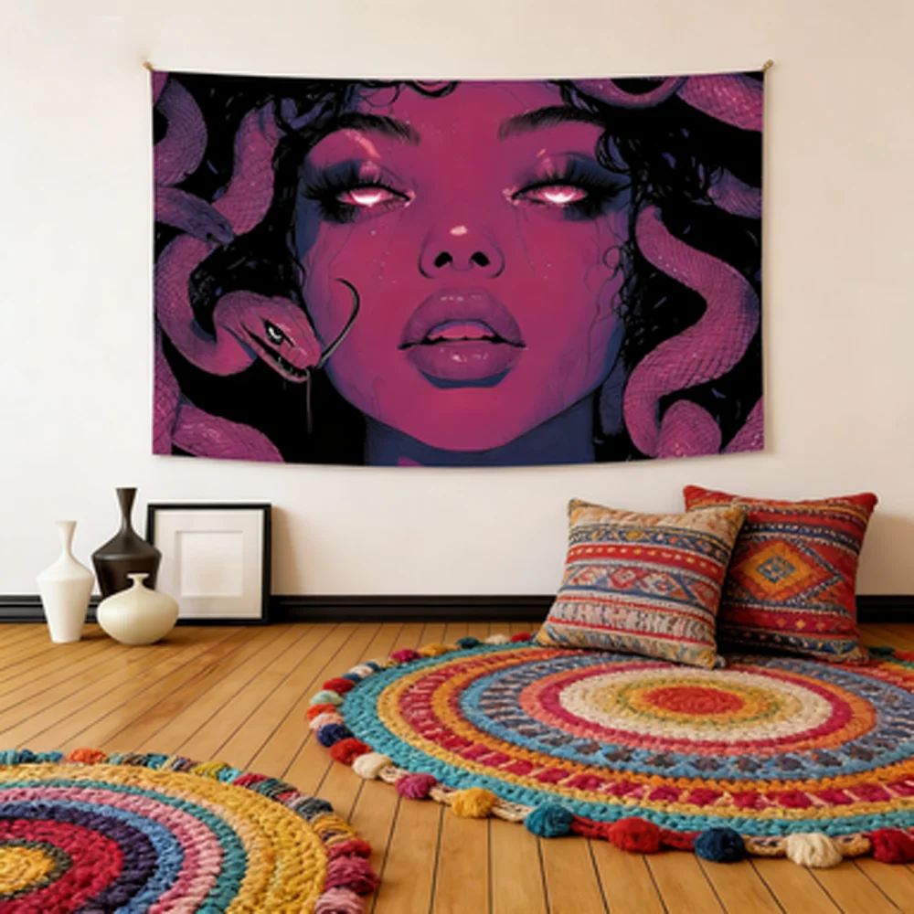 Medusa Tears Tapestry -Snake Hair Diablo Style Wall Art for Living Room Escape Room Decor Mystery Theme Background Design