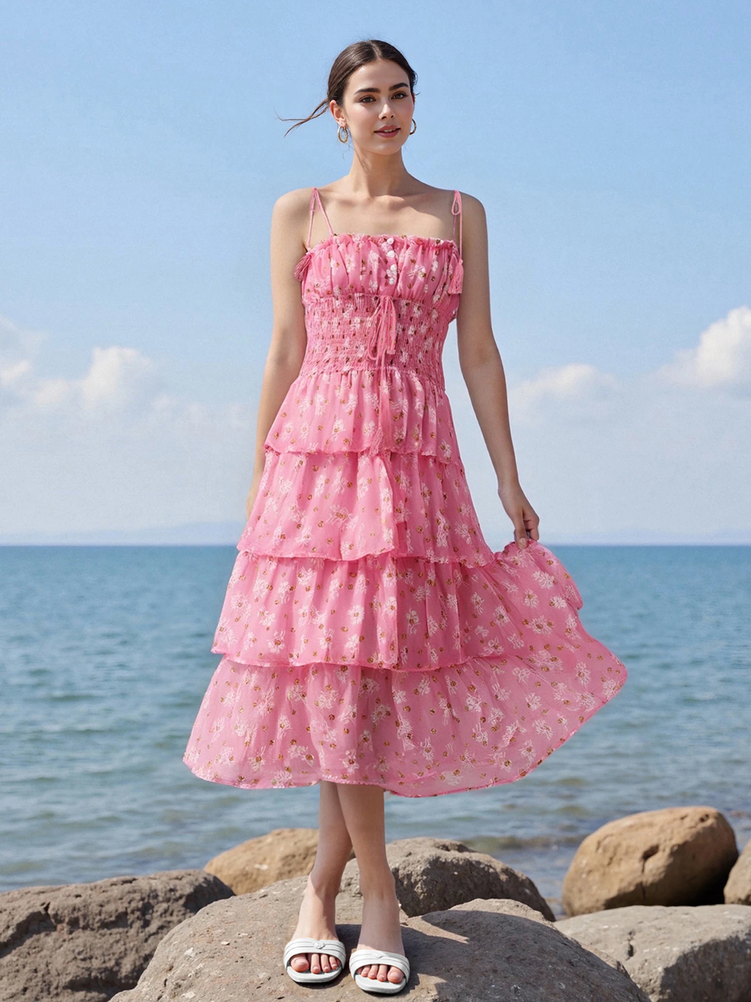 ใหม่แฟชั่นสตรียาวชุดสาย Daisy พิมพ์สปาเก็ตตี้สายคล้องคอฉัตรเค้กชุดขายร้อน S-XL