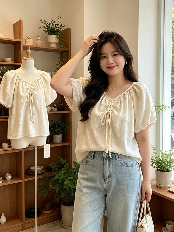 

Summer 2026 Women's Loose Bubble Sleeve Short Sleeve Shirt V-Neck Design Sense Large Size Fashionable Belted Shirt
