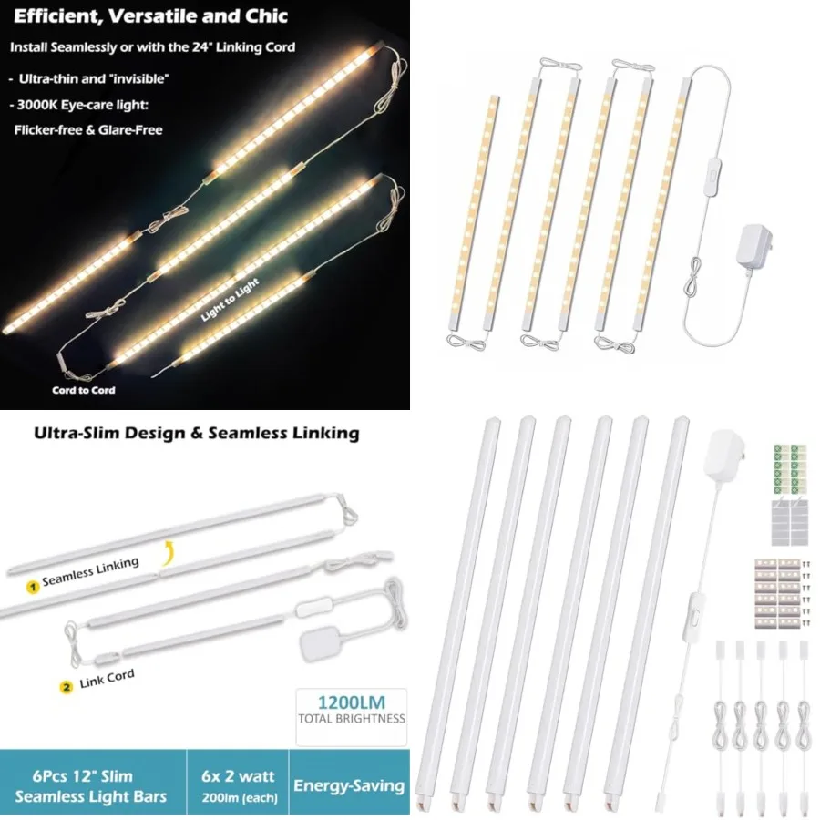 LED Under Cabinet Lighting 6-Pack 12 inch Seamlessly Linkable Strip Light Bars for Cabinet, Kitchen, Shelf, Workbench, Cupboard