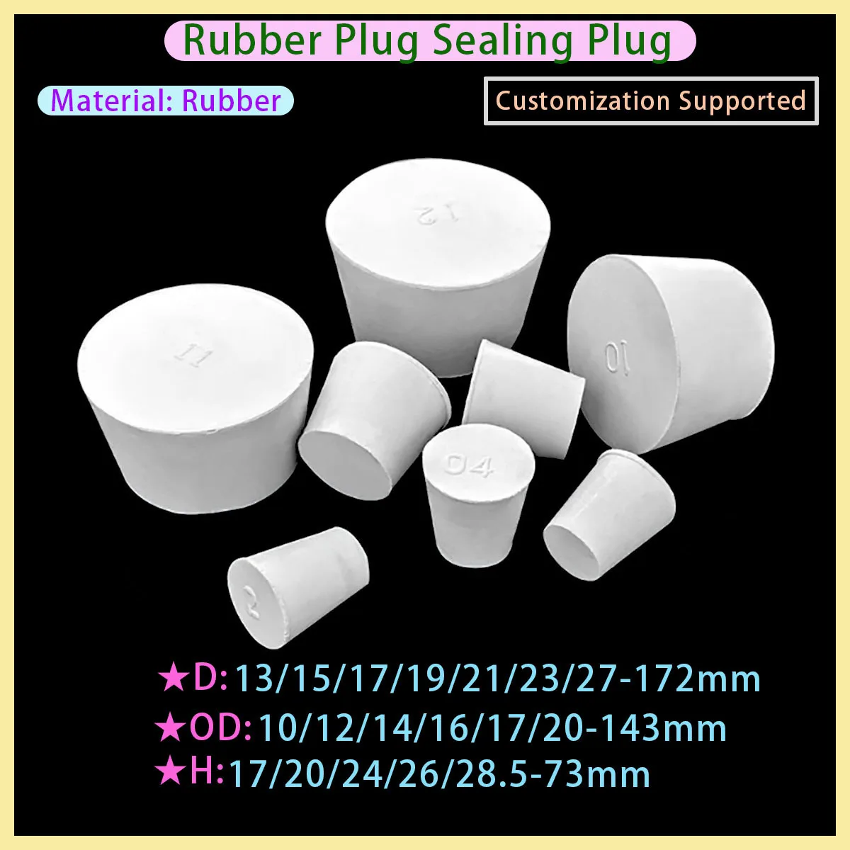 White Solid Rubber Plug Push in Sealing Plug Laboratory Rubber Conical Plug Tube Can Bottle Package Various Sizes