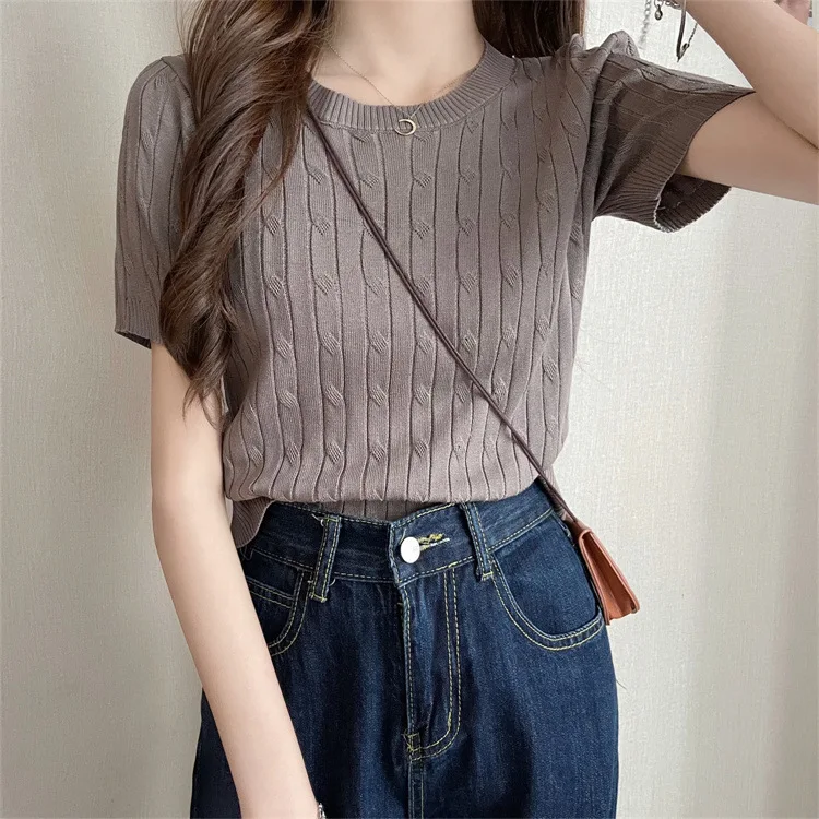 Damen Sommer Vintage Rundhals Kurzarm Strick-T-Shirt Mädchen Damen Slim Fit Top Damen Casual Sport Layering Basic-Shirt – Detail 14