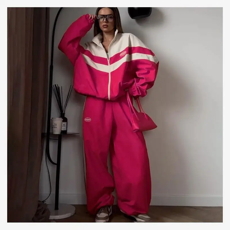 

American Style Color Block Long Sleeve Collar Set Women's Spring Autumn Street Sportswear Outfit Cuffed Outerwear Ensemble