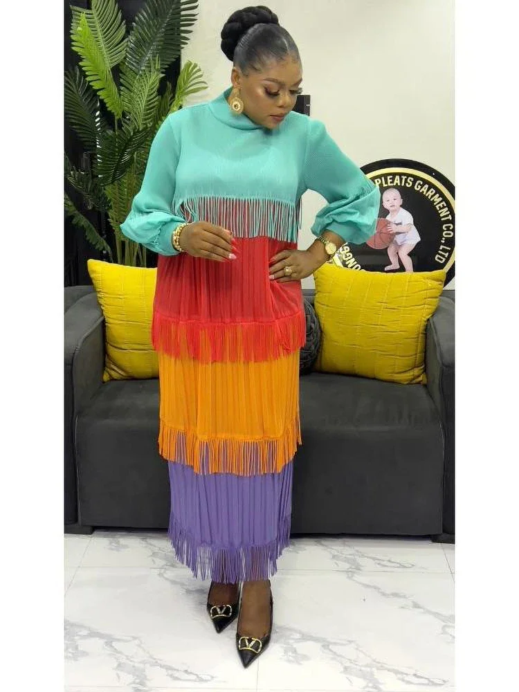 

Patchwok Color Block Dress For Women Pleated Puff Sleeve Mid-calf Dresses Fashion Female 2025 Autumn New Fashion Hot Sales